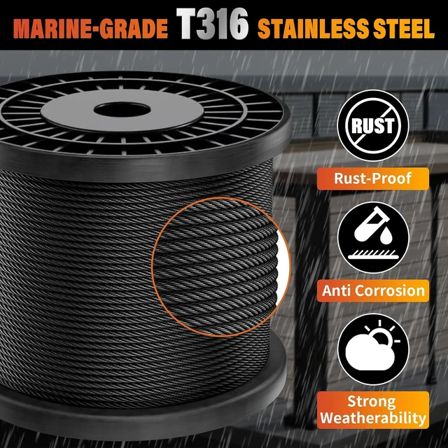 Alt view image 2 of 7 - 200FT 1/8" T316 Black Stainless Steel Wire Rope for Railing