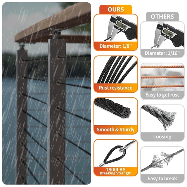 Alt view image 3 of 7 - 200FT 1/8" T316 Black Stainless Steel Wire Rope for Railing