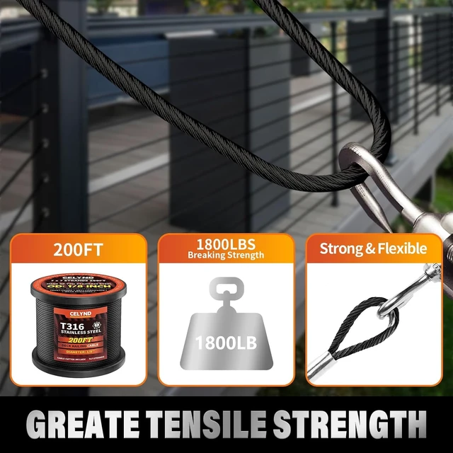 Alt view image 5 of 7 - 200FT 1/8" T316 Black Stainless Steel Wire Rope for Railing