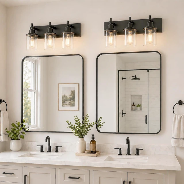 Alt view image 2 of 7 - 3-Light Modern Farmhouse Vanity Light, Black Vintage Wall Fixture with Clear Glass Shades for Bathroom, Bedroom & Hallway