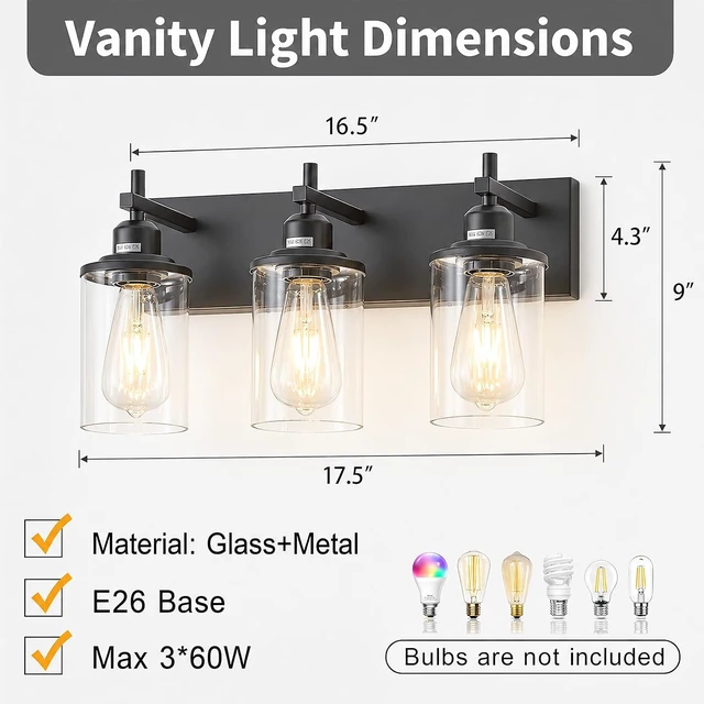 Alt view image 5 of 7 - 3-Light Modern Farmhouse Vanity Light, Black Vintage Wall Fixture with Clear Glass Shades for Bathroom, Bedroom & Hallway