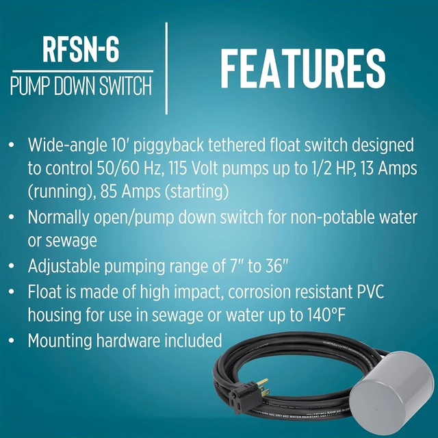 Alt view image 3 of 6 - RFSN-6 Piggyback Tethered Float Switch, 115-Volt, 10' Cord