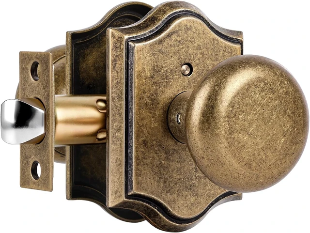 Main image of Antique Brass Privacy Door Knobs with Lock, Vintage Round Handles for Bedroom & Bathroom, Zinc Alloy, 1-Pack