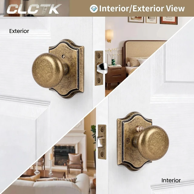 Alt view image 2 of 5 - Antique Brass Privacy Door Knobs with Lock, Vintage Round Handles for Bedroom & Bathroom, Zinc Alloy, 1-Pack