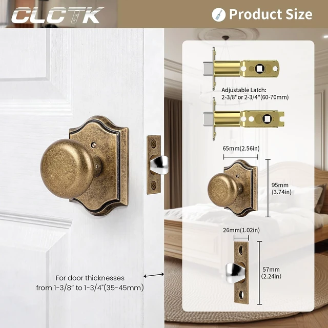 Alt view image 4 of 5 - Antique Brass Privacy Door Knobs with Lock, Vintage Round Handles for Bedroom & Bathroom, Zinc Alloy, 1-Pack