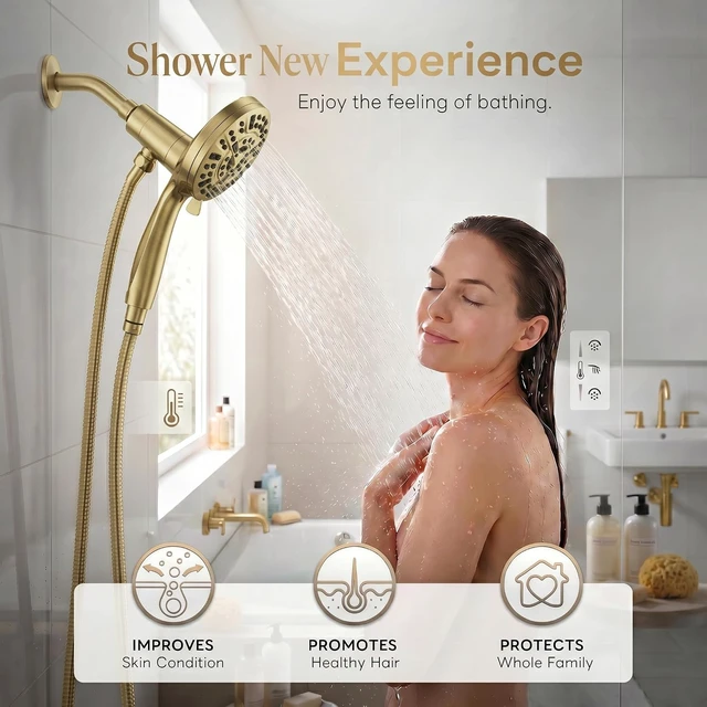 Alt view image 2 of 7 - High Pressure Handheld Shower Head, Brushed Gold Anti-Clog Nozzles, Power Wash, Wall & Overhead Brackets