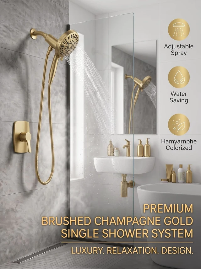 Alt view image 3 of 7 - High Pressure Handheld Shower Head, Brushed Gold Anti-Clog Nozzles, Power Wash, Wall & Overhead Brackets
