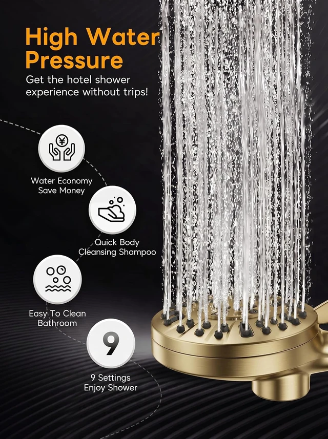 Alt view image 6 of 7 - High Pressure Handheld Shower Head, Brushed Gold Anti-Clog Nozzles, Power Wash, Wall & Overhead Brackets