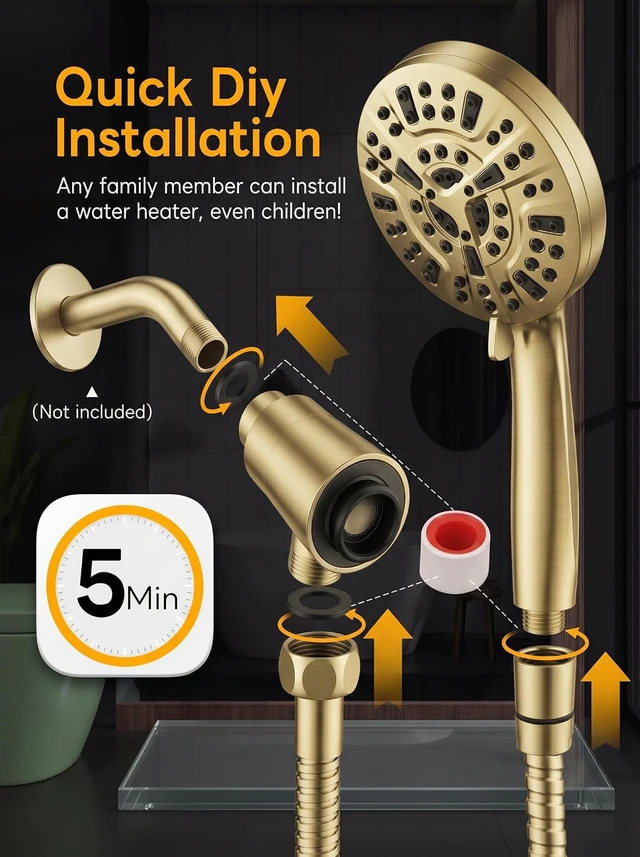 Alt view image 7 of 7 - High Pressure Handheld Shower Head, Brushed Gold Anti-Clog Nozzles, Power Wash, Wall & Overhead Brackets