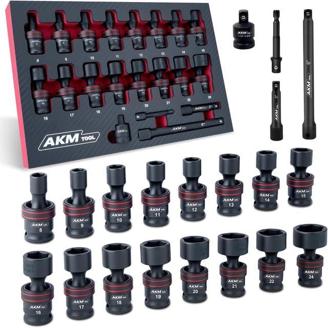 Main image of 3/8" Drive Universal Impact Socket Set, 20-Piece 6-Point Swivel Sockets, Metric 8-24mm, Cr-Mo with Extensions & Adapters