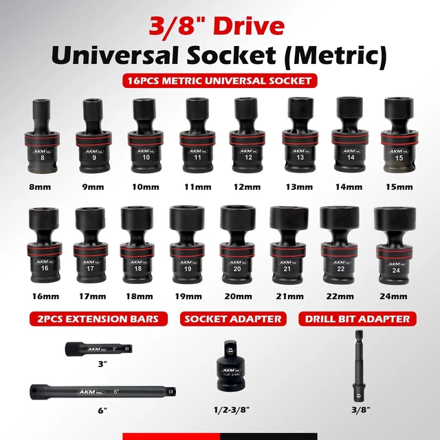 Alt view image 2 of 7 - 3/8" Drive Universal Impact Socket Set, 20-Piece 6-Point Swivel Sockets, Metric 8-24mm, Cr-Mo with Extensions & Adapters