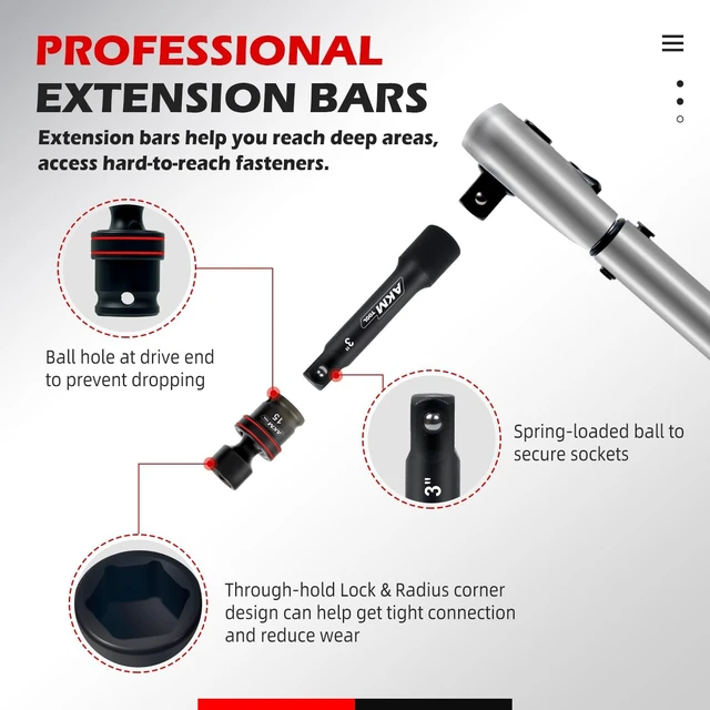 Alt view image 6 of 7 - 3/8" Drive Universal Impact Socket Set, 20-Piece 6-Point Swivel Sockets, Metric 8-24mm, Cr-Mo with Extensions & Adapters