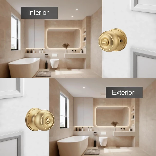 Alt view image 2 of 2 - Gold Interior Door Knobs with Turn Lock for Bath & Bedroom, 6-Pack