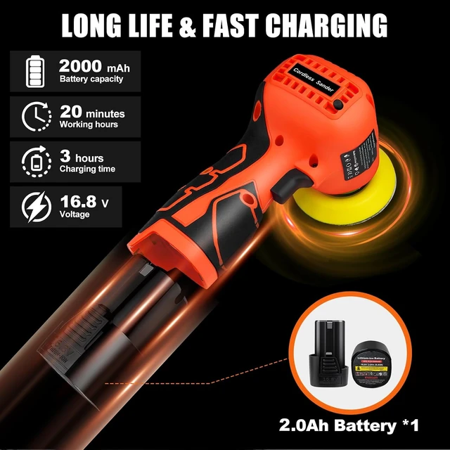 Alt view image 4 of 6 - Cordless Electric Sander, 3500 RPM with 2000mAh Battery & 36 Sandpapers, Lightweight for Wood, Metal & Paint Removal