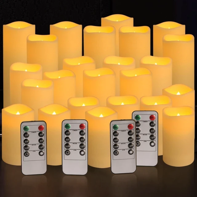 Main image of Set of 24 Waterproof Outdoor Flameless LED Candles with 4 Remotes & Timer, H 4"/5"/6" x D 2.2" for Halloween & Wedding