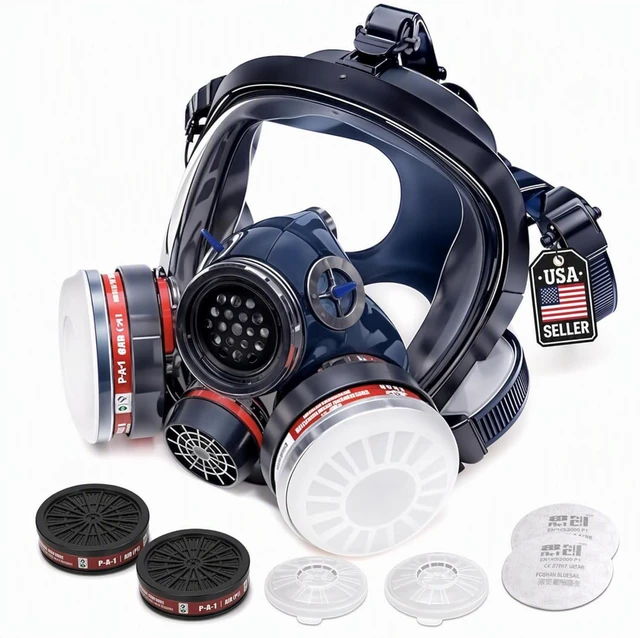 Main image of Full Face Organic Vapor Respirator with Anti-Fog Shield, Chemical & Particulate Protection, 2 Filter Cartridges, Industrial Grade