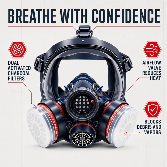 Alt view image 2 of 6 - Full Face Organic Vapor Respirator with Anti-Fog Shield, Chemical & Particulate Protection, 2 Filter Cartridges, Industrial Grade