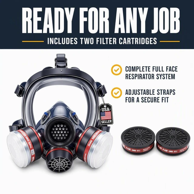 Alt view image 4 of 6 - Full Face Organic Vapor Respirator with Anti-Fog Shield, Chemical & Particulate Protection, 2 Filter Cartridges, Industrial Grade