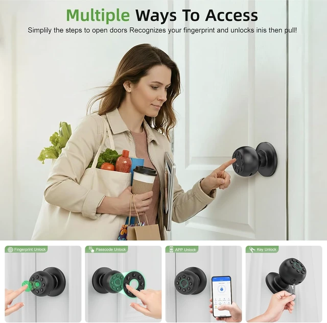 Alt view image 2 of 7 - Biometric Fingerprint Door Knob with Code, App Control & Auto Lock for Bedroom, Office & Apartment