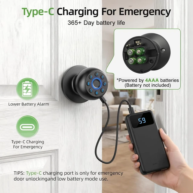 Alt view image 7 of 7 - Biometric Fingerprint Door Knob with Code, App Control & Auto Lock for Bedroom, Office & Apartment