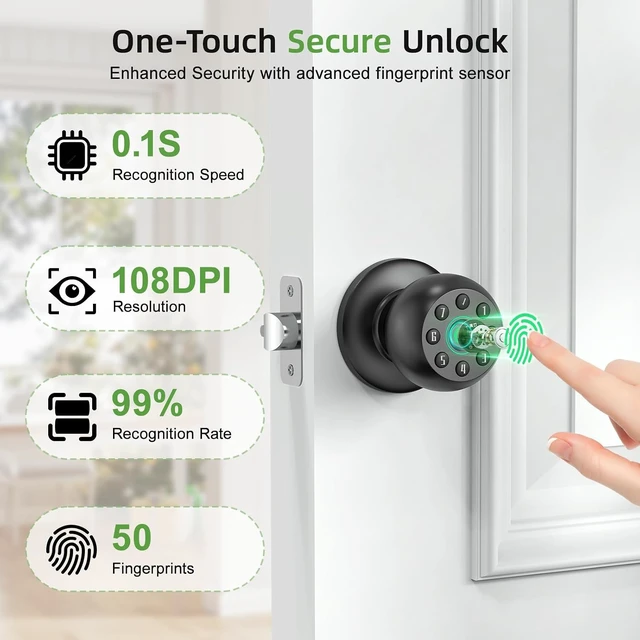 Alt view image 3 of 7 - Biometric Fingerprint Door Knob with Code, App Control & Auto Lock for Bedroom, Office & Apartment
