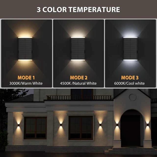 Alt view image 2 of 7 - Outdoor Solar Wall Lights, 3000/4000/6000K 3 Modes Dusk to Dawn, IP67 Waterproof Up & Down Sconce (2-Pack)