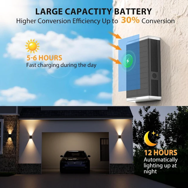 Alt view image 3 of 7 - Outdoor Solar Wall Lights, 3000/4000/6000K 3 Modes Dusk to Dawn, IP67 Waterproof Up & Down Sconce (2-Pack)