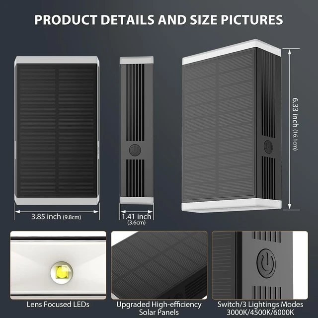 Alt view image 7 of 7 - Outdoor Solar Wall Lights, 3000/4000/6000K 3 Modes Dusk to Dawn, IP67 Waterproof Up & Down Sconce (2-Pack)