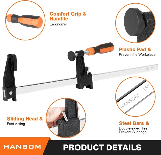 Alt view image 4 of 7 - 18 Inch Bar Clamps, 4-Pack Heavy Duty 600 Lbs Force, 2.5 Inch Throat Depth, Quick Release for Woodworking