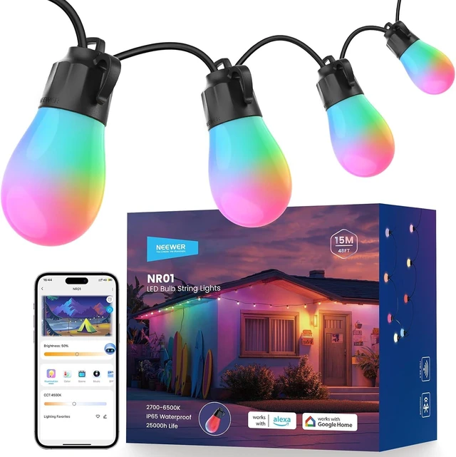 Main image of 48ft Outdoor String Lights, Smart AI RGBW with App Control, NR01