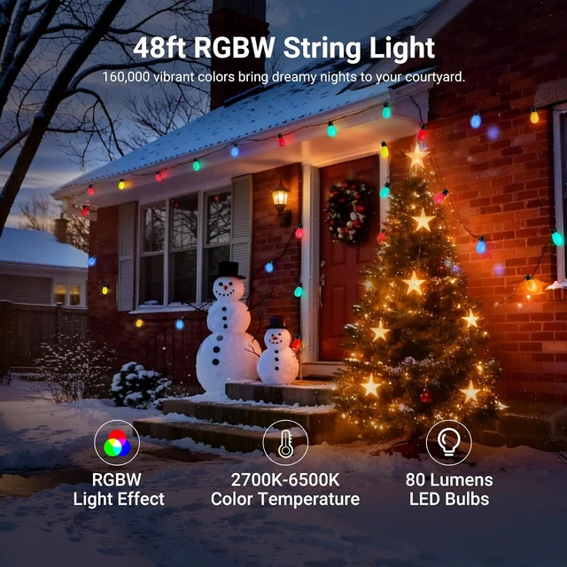 Alt view image 2 of 7 - 48ft Outdoor String Lights, Smart AI RGBW with App Control, NR01