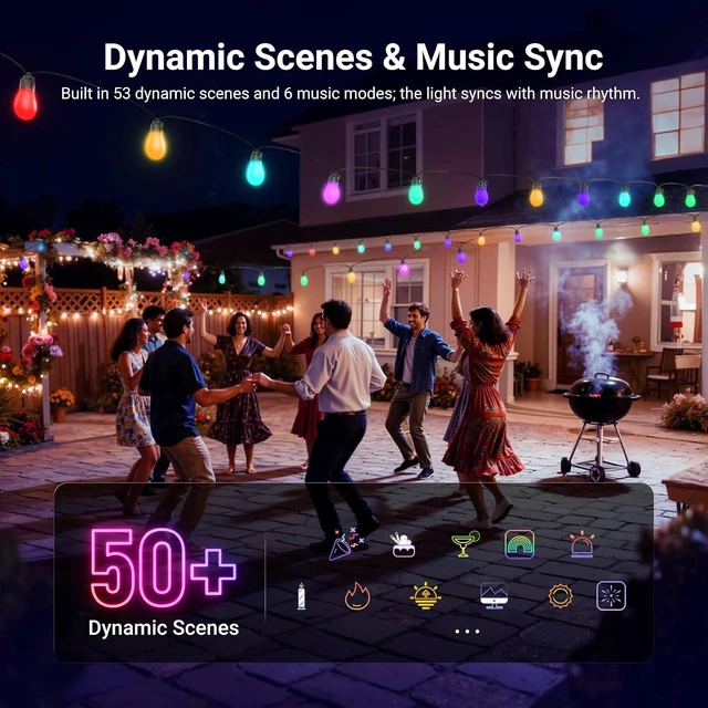 Alt view image 3 of 7 - 48ft Outdoor String Lights, Smart AI RGBW with App Control, NR01