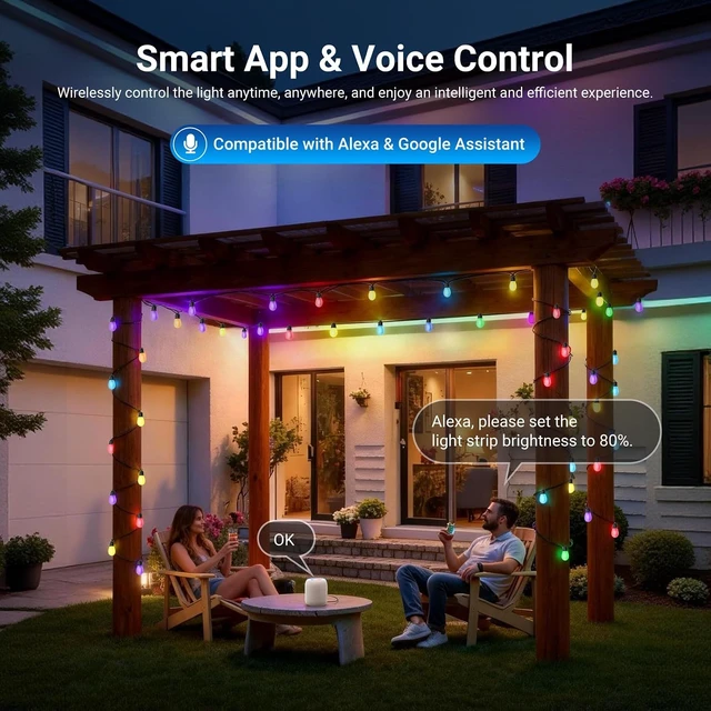 Alt view image 4 of 7 - 48ft Outdoor String Lights, Smart AI RGBW with App Control, NR01