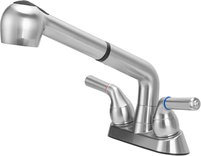 Main image of Universal Dual Handle Utility Sink Faucet with Pull-Out Sprayer, ABS Plastic, 4 Inch Center Set, Chrome