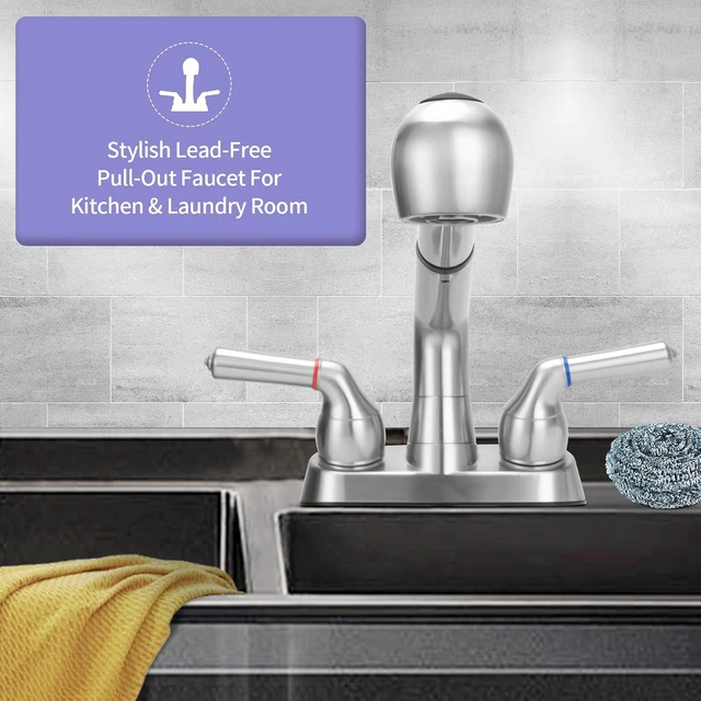 Alt view image 2 of 7 - Universal Dual Handle Utility Sink Faucet with Pull-Out Sprayer, ABS Plastic, 4 Inch Center Set, Chrome