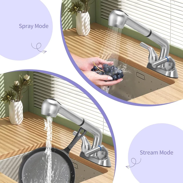Alt view image 4 of 7 - Universal Dual Handle Utility Sink Faucet with Pull-Out Sprayer, ABS Plastic, 4 Inch Center Set, Chrome