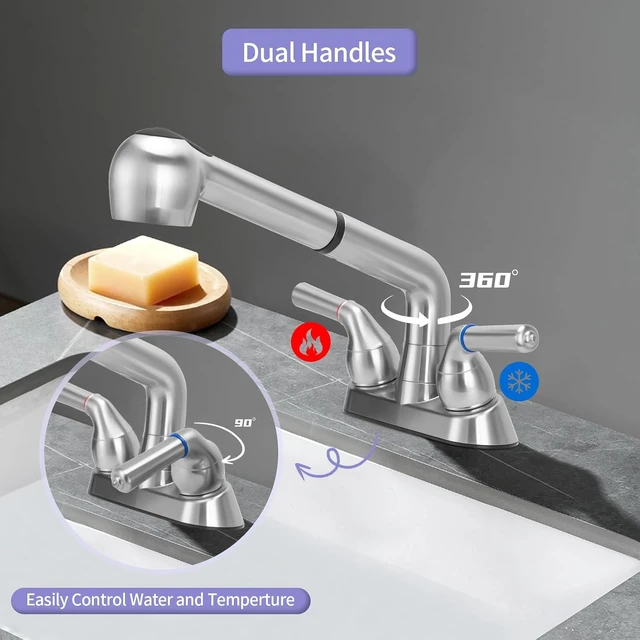 Alt view image 3 of 7 - Universal Dual Handle Utility Sink Faucet with Pull-Out Sprayer, ABS Plastic, 4 Inch Center Set, Chrome