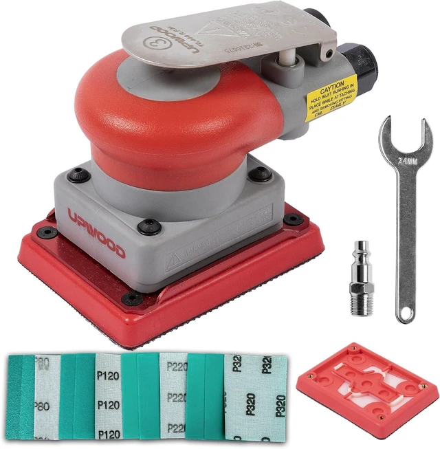 Main image of Pneumatic Random Orbital Sander, 3 x 4-Inch Lightweight Palm Sander, 1/8" (3mm) Orbit, 10000 RPM with Backing Pad & 12 Sandpapers