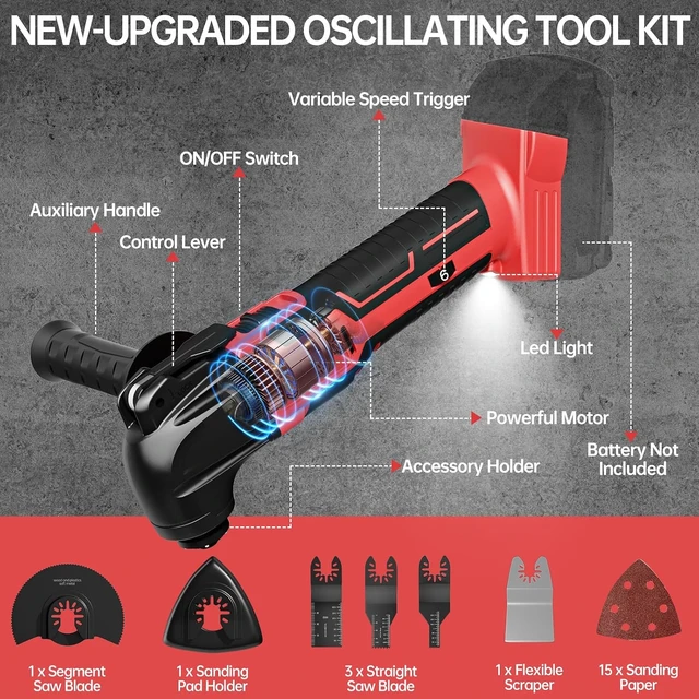 Alt view image 5 of 7 - Cordless Oscillating Multi-Tool for Milwaukee 18V, Brushless with 6 Speeds, 22-Pc Kit for Scraping, Sanding & Cutting (No Battery)