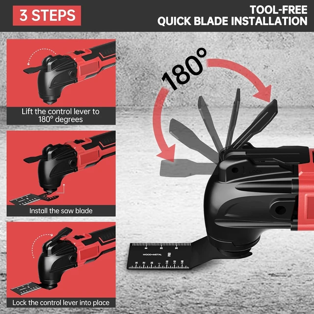 Alt view image 6 of 7 - Cordless Oscillating Multi-Tool for Milwaukee 18V, Brushless with 6 Speeds, 22-Pc Kit for Scraping, Sanding & Cutting (No Battery)