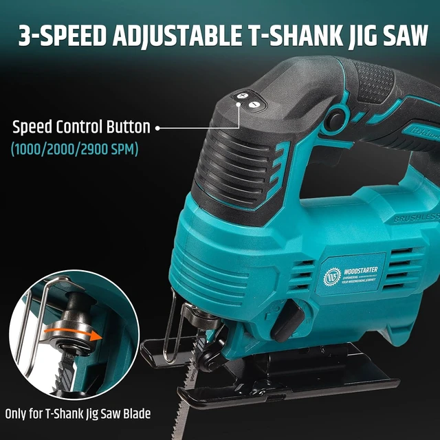 Alt view image 3 of 7 - Cordless Jig Saw with Brushless Motor, 3 Speeds, 45°-90° Cutting Angle, T-Shank Blades (With Battery & Charger)