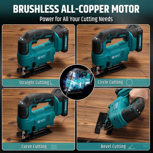 Alt view image 5 of 7 - Cordless Jig Saw with Brushless Motor, 3 Speeds, 45°-90° Cutting Angle, T-Shank Blades (With Battery & Charger)