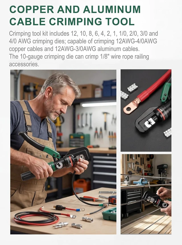 Alt view image 4 of 7 - 10-Ton Hydraulic Cable Crimping Tool, 12 AWG4/0 AWG with US Standard Dies for Copper Cable Lugs