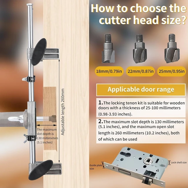 Alt view image 5 of 7 - Door Mortise Lock Jig with 18mm, 22mm & 25mm Tungsten Steel Cutters, Lock Hole Opener Kit for Wooden Doors