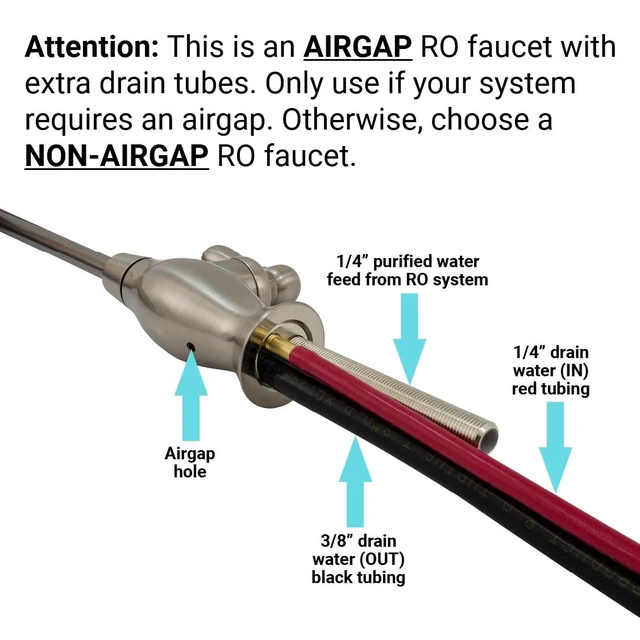Alt view image 2 of 7 - Airgap RO Faucet with 3-Connection Ports, NSF Certified, Vase Style with Pre-Inserted Tubing & Install Tool (Brushed Nickel)