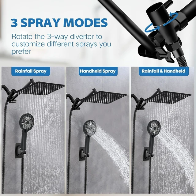 Alt view image 2 of 7 - 12 Rain Shower Head with Handheld Spray Combo, 11'' Adjustable Extension Arm & Flow Regulator, Matt Black