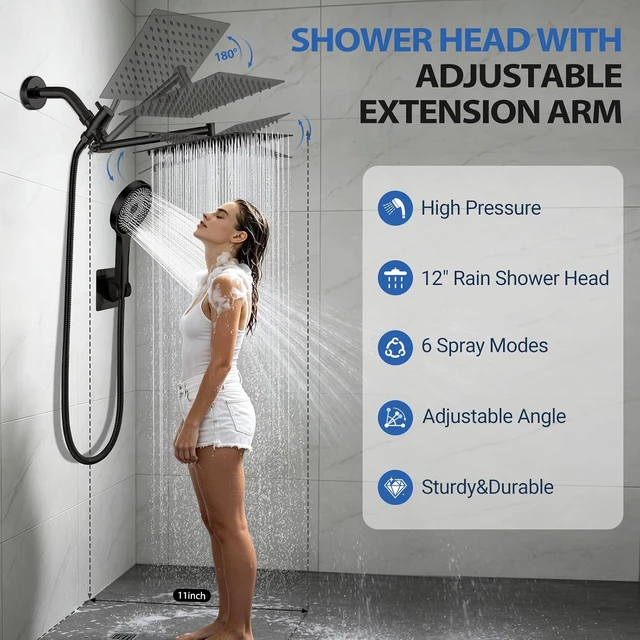 Alt view image 6 of 7 - 12 Rain Shower Head with Handheld Spray Combo, 11'' Adjustable Extension Arm & Flow Regulator, Matt Black