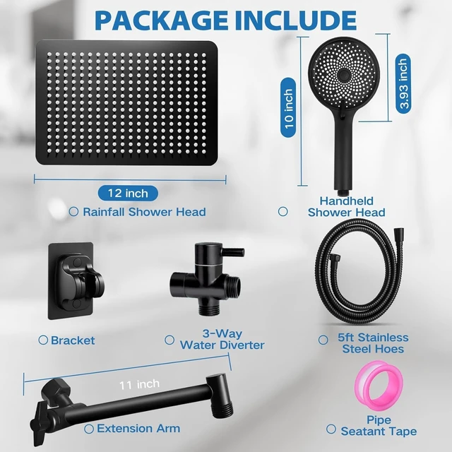 Alt view image 7 of 7 - 12 Rain Shower Head with Handheld Spray Combo, 11'' Adjustable Extension Arm & Flow Regulator, Matt Black