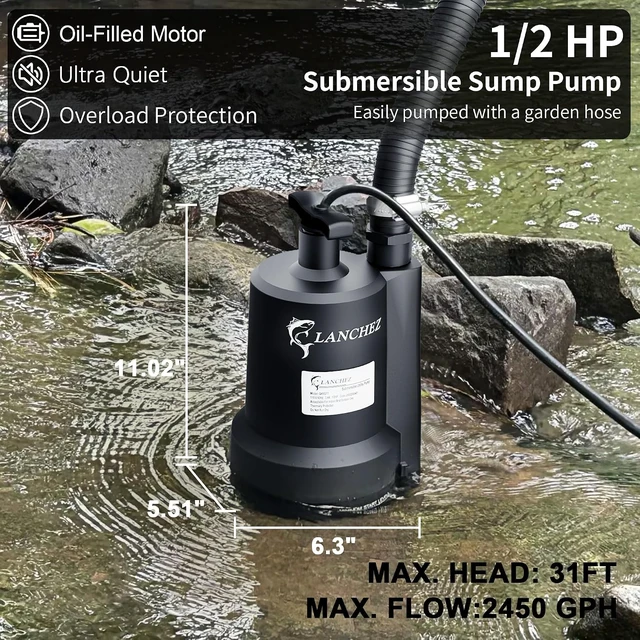 Alt view image 2 of 7 - 1/2 HP 2450GPH Submersible Sump Pump, Thermoplastic Portable Utility Pump with 10FT Cord for Pools, Basements & Ponds