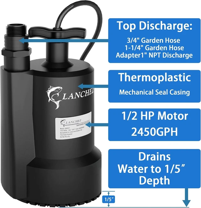 Alt view image 3 of 7 - 1/2 HP 2450GPH Submersible Sump Pump, Thermoplastic Portable Utility Pump with 10FT Cord for Pools, Basements & Ponds